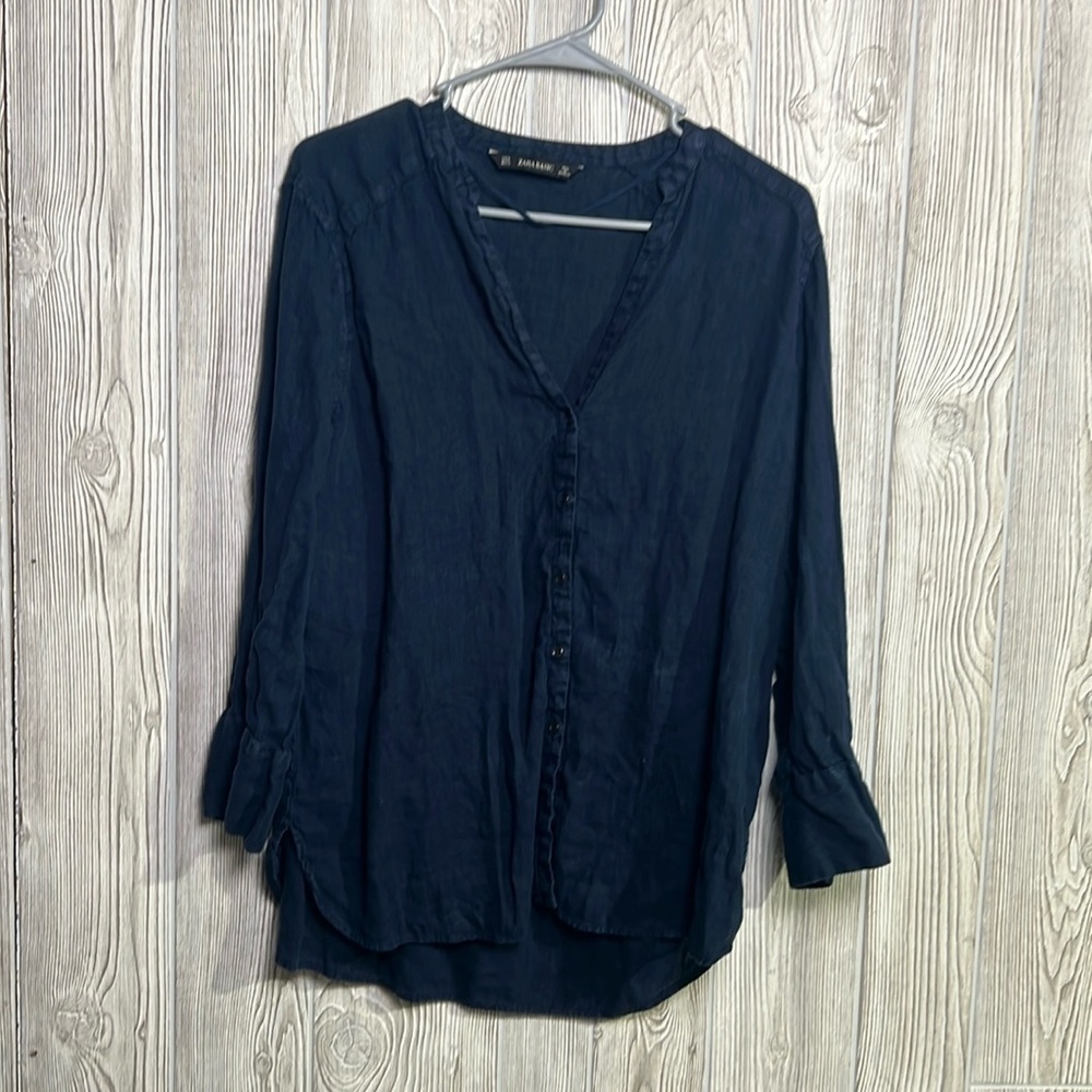 Women’s Zara Basic Blouse Navy Blue Linen Size Xl